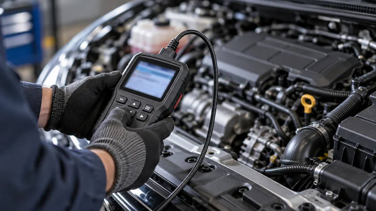 Gloved hands hold a diagnostic scanner beside an open engine bay.