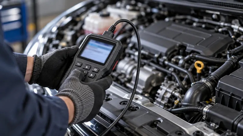 Gloved hands hold a diagnostic scanner, its cable running into an open engine bay.