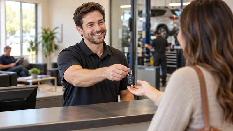 At the front counter, car keys handed back to a customer, the shop floor behind.