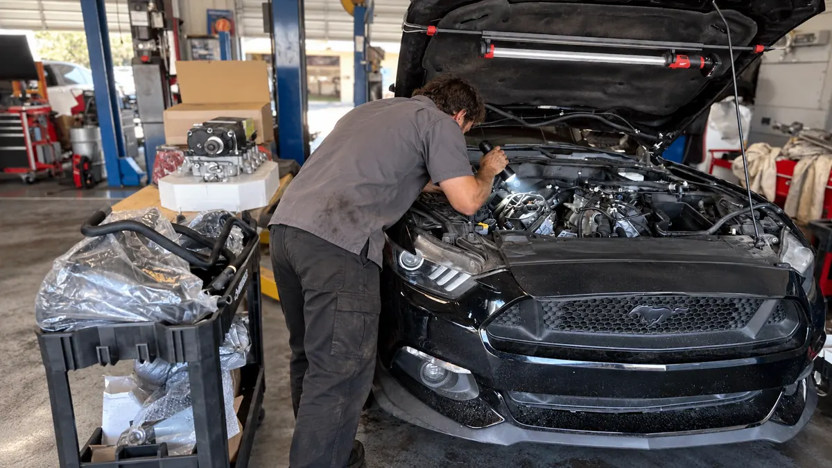 A technician checks the Mustang's engine bay with a flashlight.